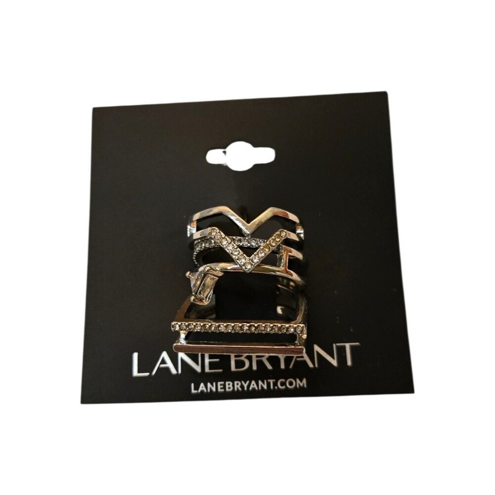 Lane Bryant Silver Crystal Chevron & Geometric Stackable Rings - Silver Size 9